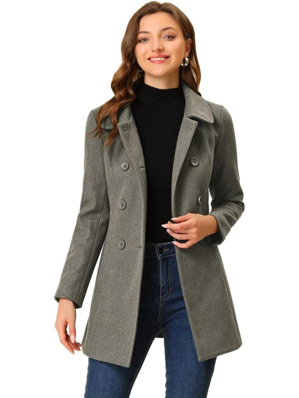 Women's Dusty Grey Fully lined Peter Pan Collar Double Breasted Trench Pea Coat